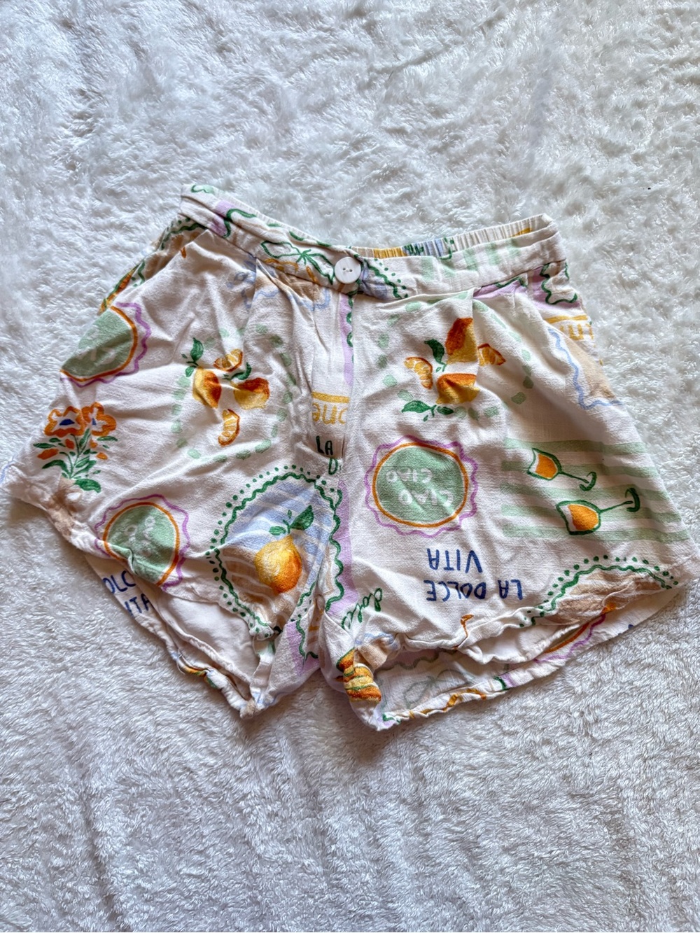 Paper Heart High-Waist Cream Lemon-Print Linen Blend Lined Shorts
